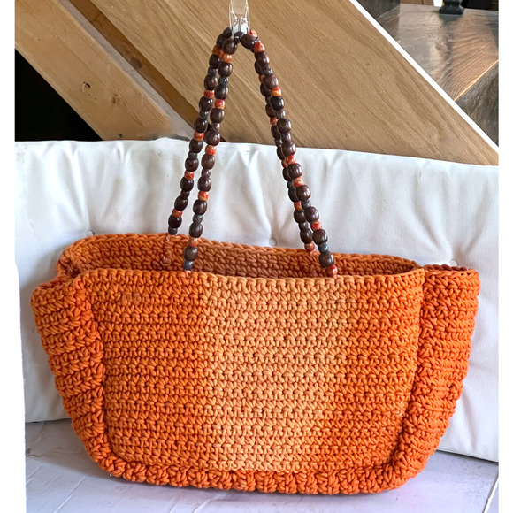 FREE PEOPLE FP COLLECTION ORANGE SUNRISE TAKE ME TO TULUM TOTE BAG BEADED WOVEN - Picture 3 of 10